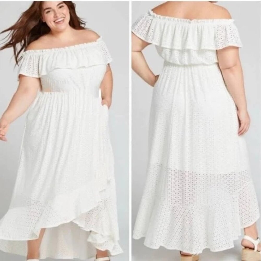 Lane Bryant Plus 14/16 Eyelet High Low Hem Off Shoulder Dress White Ruffles